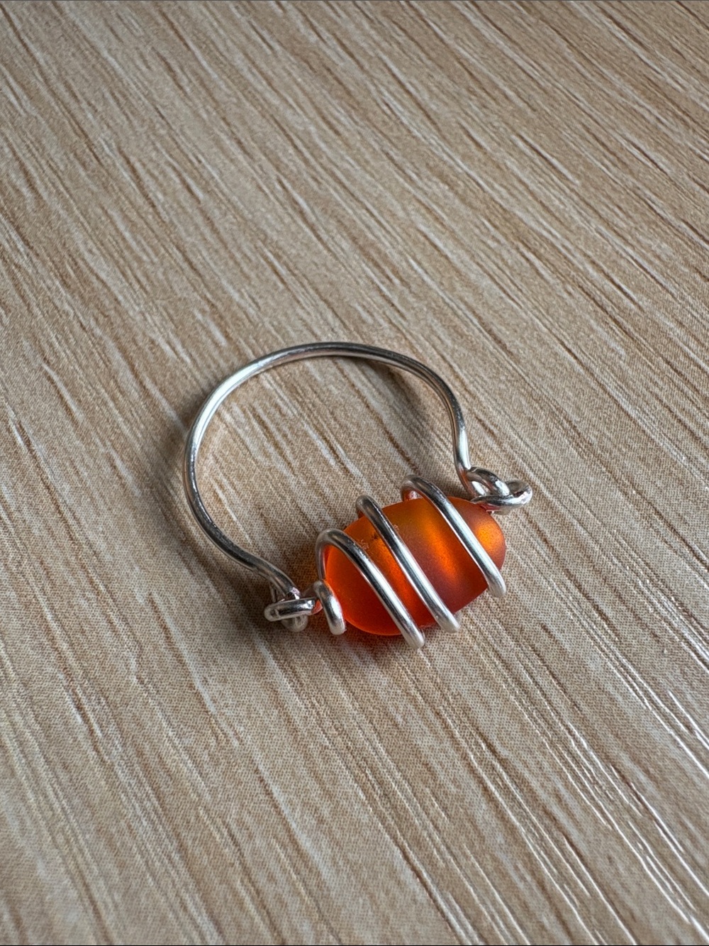 Artisan Hand Crafted Silver Plated Wire Wrapped Orange Sea Glass Ring - Size 6.5
